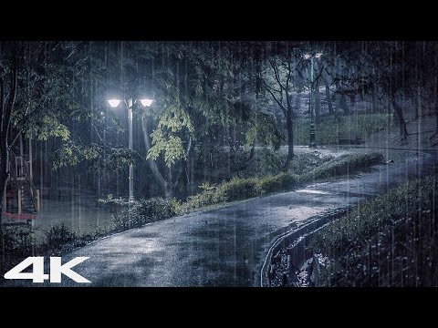晚上旧公园的大雨和雷声 _ 睡觉的雨声